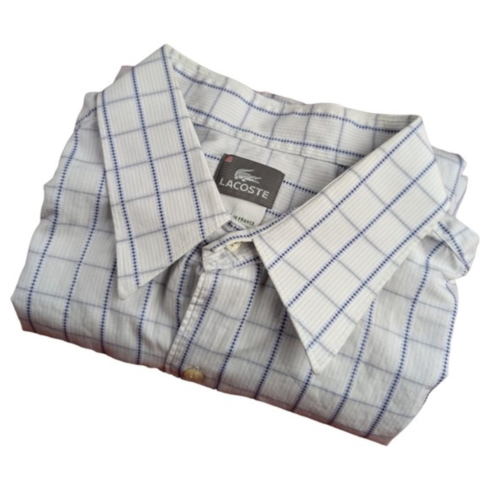 Lacoste Dress Shirt Mens 45 Long Sleeve White Blue  Cotton Button Down Read Note